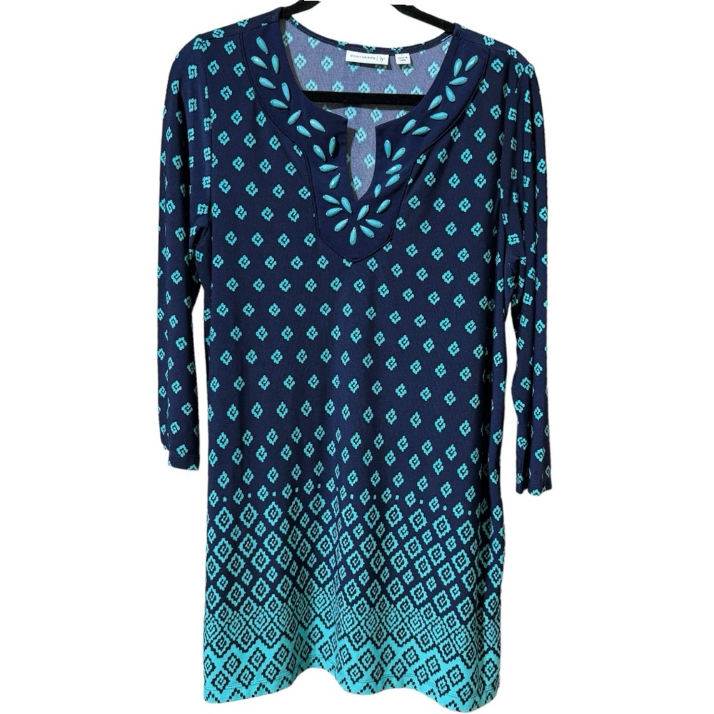 SUSAN GRAVER Beaded Dress Women's Size Large 3/4 Sleeve Blue